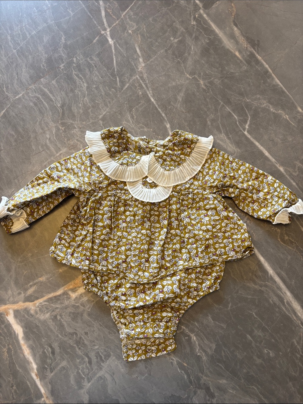 Baby Floral One-Piece with White Pleated Collar - Olive